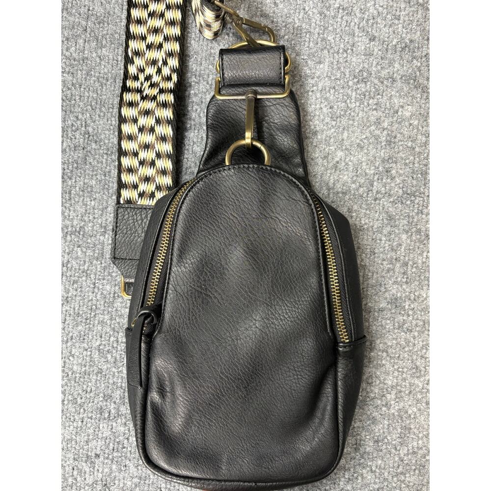 Urban Originals for Anthropologie Black Crossbody Bag Wide Strap, Brass Hardware